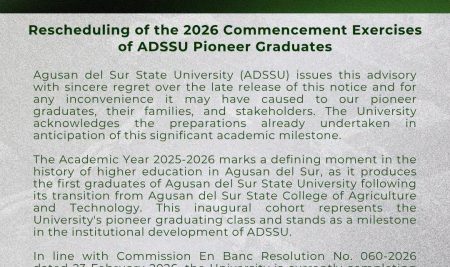 OFFICIAL STATEMENT | Rescheduling of the 2026 Commencement Exercises of ADSSU Pioneer Graduates