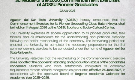 OFFICIAL ANNOUNCEMENT | Schedule of the 2026 Commencement Exercises of ADSSU Pioneer Graduates
